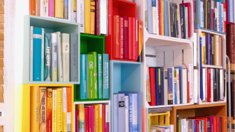 Colorful books arranged on shelves.