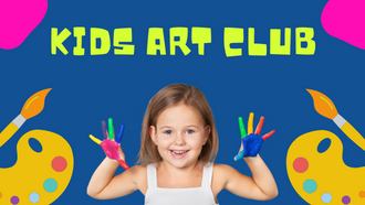 Child with hands covered in paint. Text reads "Kids Art Club."