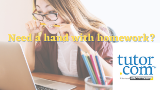A young woman in glasses is biting her pencil with frustration. Text reads: "Need a hand with homework? Tutor.com."