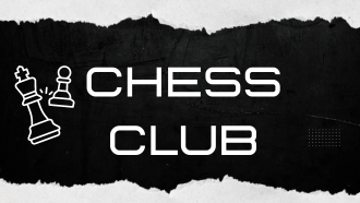 "Chess Club" in white text on a black background. A king is knocking over a pawn.