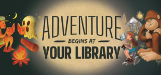 "Adventure begins at your library" summer reading logo with someone reading with a ghost and someone reading with Bigfoot.