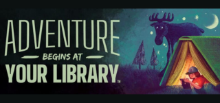 "Adventure begins at your library" summer reading logo with someone reading beneath an upside down book.