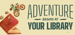 "Adventure begins at your library" summer reading logo showing a person jumping a motorcycle off an open book.