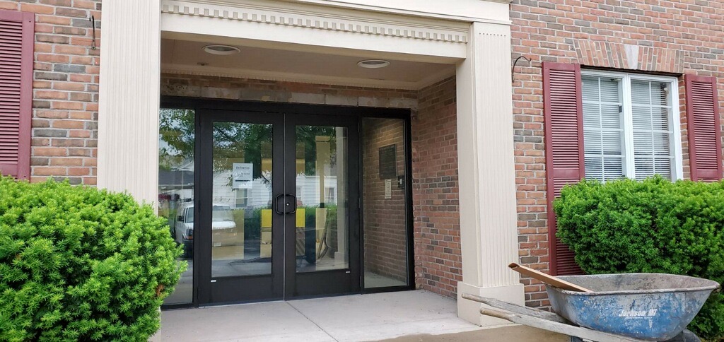 New library entrance viewed from the outside.
