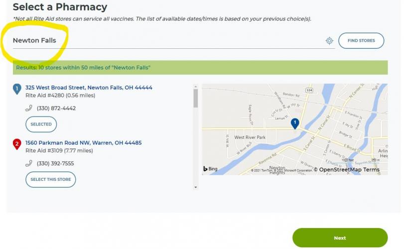 Screenshot of the "Select a Pharmacy" section on the Rite Aid vaccine registration website. "Newton Falls" is written on the "Find Stores" line and circled in yellow.